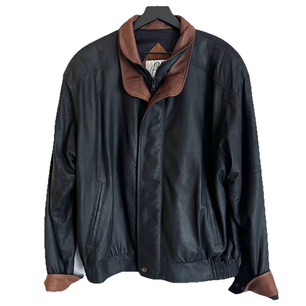 Remy Double Collar Bomber Jacket Size 40 Black Brown Lambskin Oiled Leather